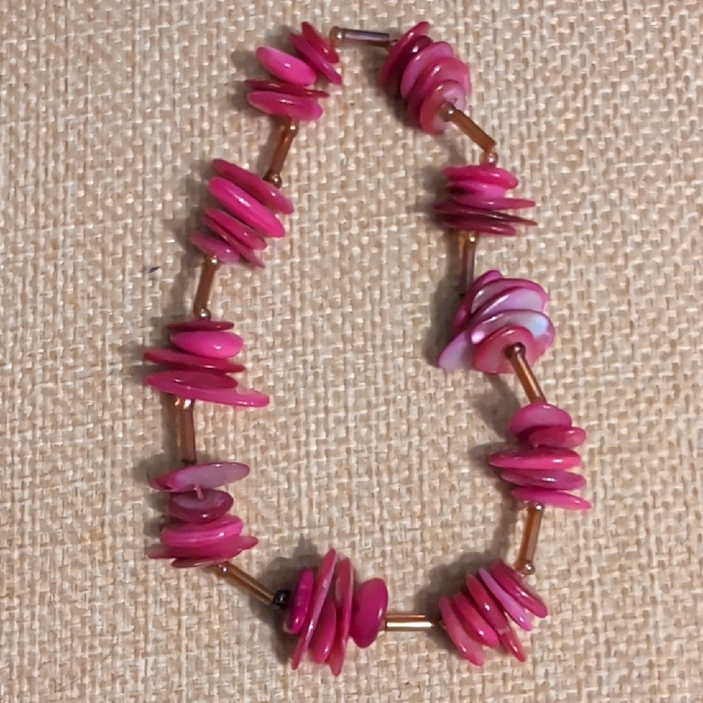 Boho Hot Pink Dyed Shell Disc Cluster Stretch Bracelet Tropical Barbiecore